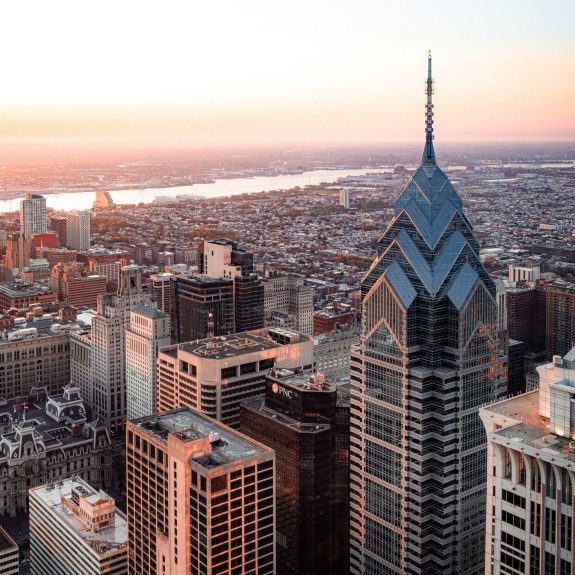 Ariel views of Philadelphia skyline